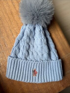 Moncler Light Blue Cable-Knit Pom Beanie Real Fur